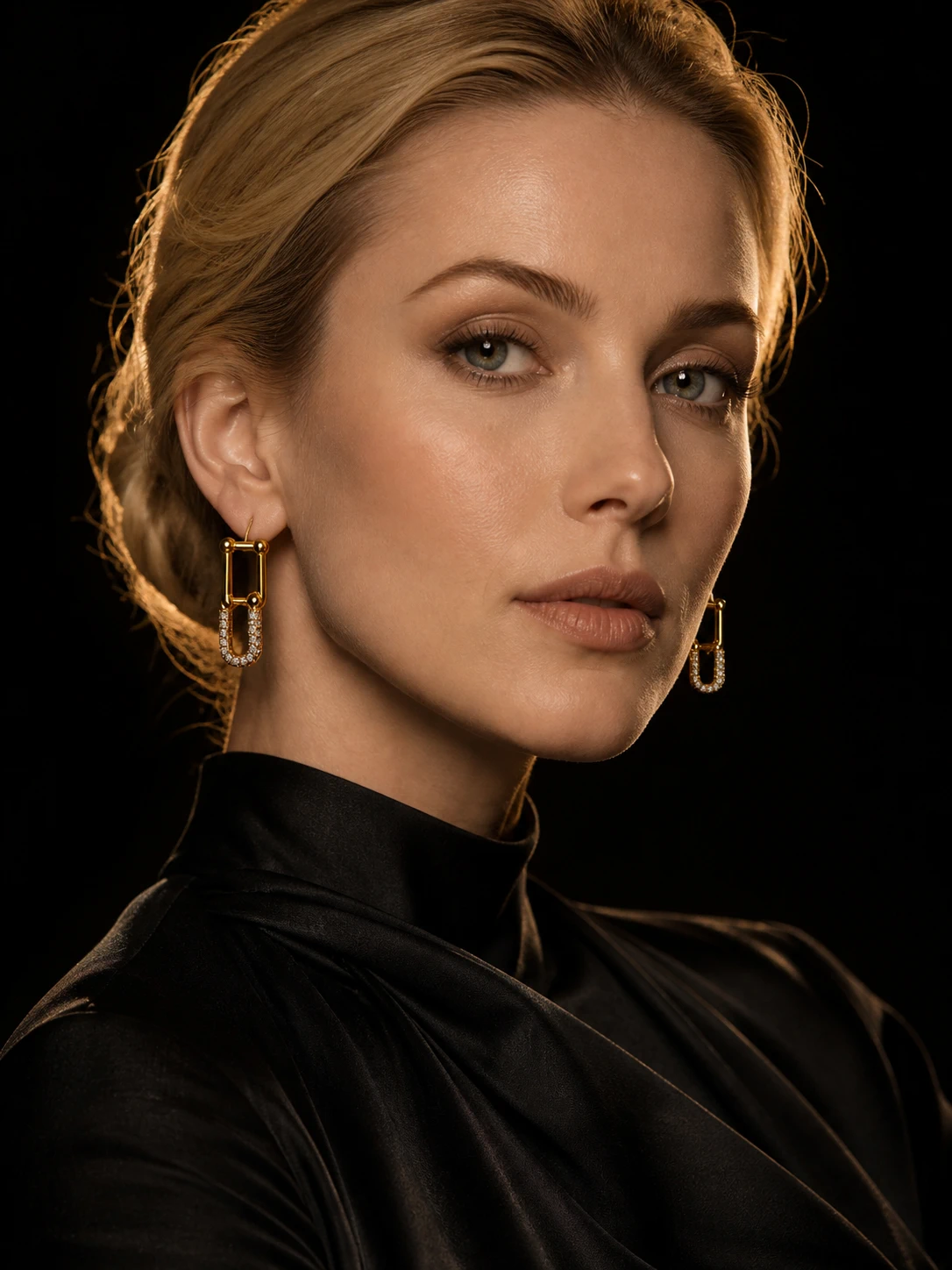 Modelo rubia con pendientes geométricos dorados COSMIKA